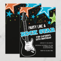 Rockstar Blue Orange guitar birthday Invitation