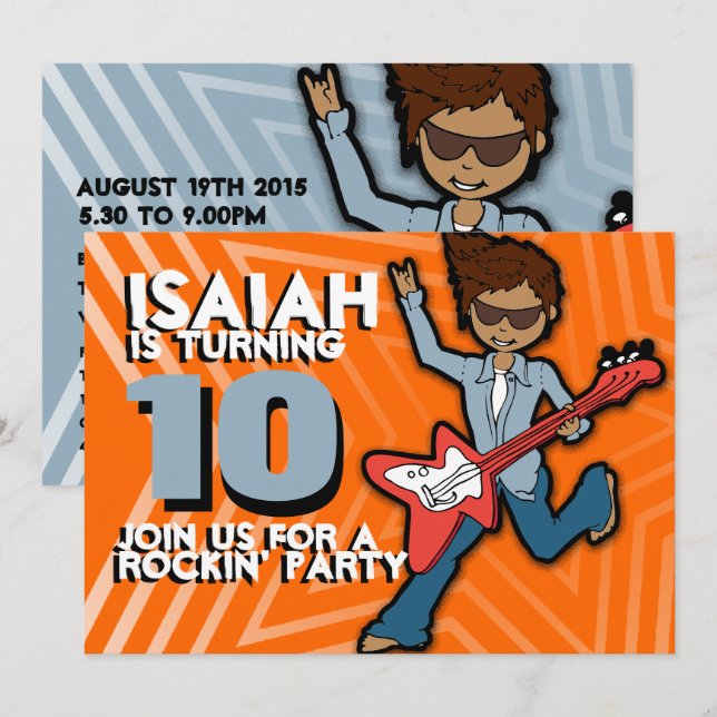 Rockstar boy 10th birthday orange blue invitation (Front/Back)