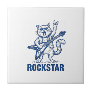 Rockstar Cat Guitar Vintage Engraving Shirt Design Tile