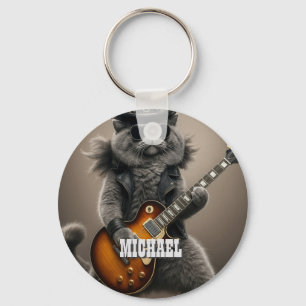 Rockstar Cat Playing Electric Guitar in Leather Key Ring