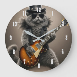 Rockstar Cat Playing Electric Guitar in Leather Large Clock
