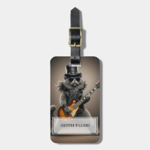 Rockstar Cat Playing Electric Guitar in Leather Luggage Tag