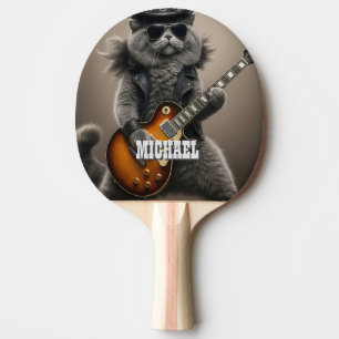 Rockstar Cat Playing Electric Guitar in Leather    Ping Pong Paddle
