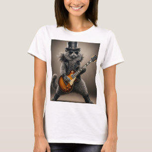 Rockstar Cat Playing Electric Guitar in Leather T-Shirt