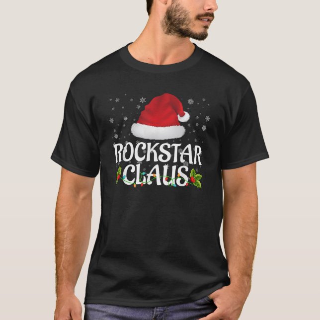 Rockstar Claus Christmas Lights Santa Pajama Famil T-Shirt (Front)