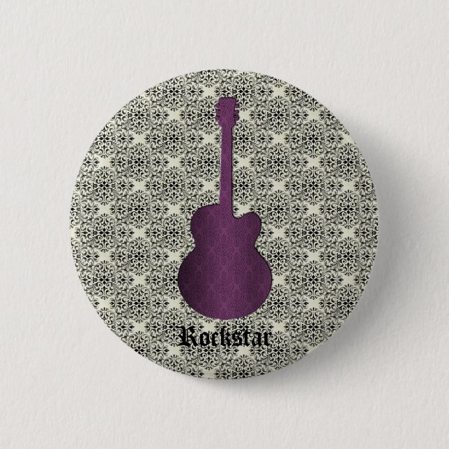 Rockstar Damask Guitar Button, Purple 6 Cm Round Badge (Front)