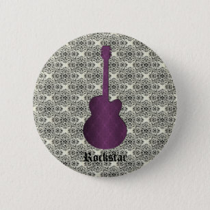 Rockstar Damask Guitar Button, Purple 6 Cm Round Badge