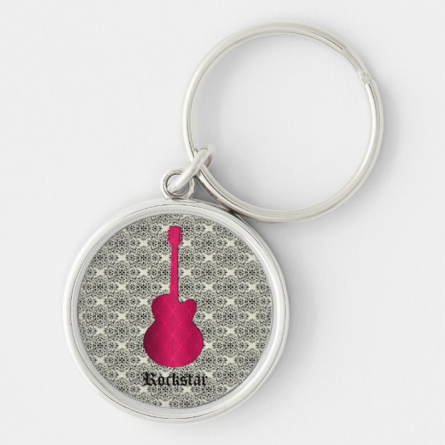 Rockstar Damask Guitar Keychain, Magenta Key Ring (Front)