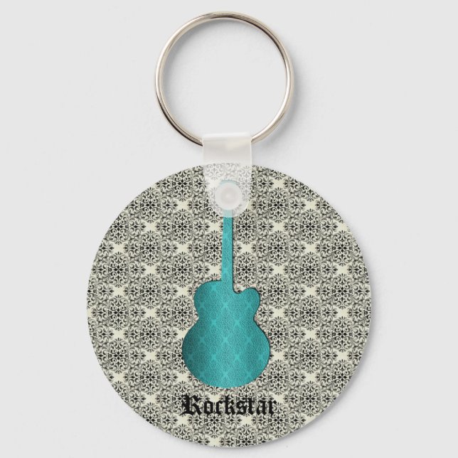 Rockstar Damask Guitar Keychain, Turquoise Key Ring (Front)