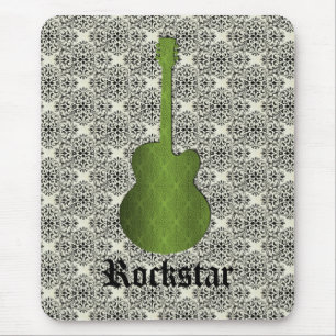 Rockstar Damask Guitar Mousepad, Olive Green Mouse Mat