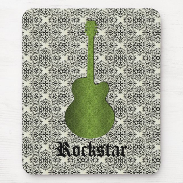 Rockstar Damask Guitar Mousepad, Olive Green Mouse Mat (Front)
