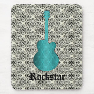 Rockstar Damask Guitar Mousepad, Turquoise Mouse Mat