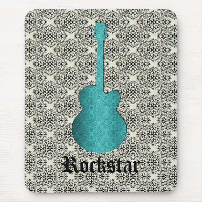 Rockstar Damask Guitar Mousepad, Turquoise Mouse Mat (Front)