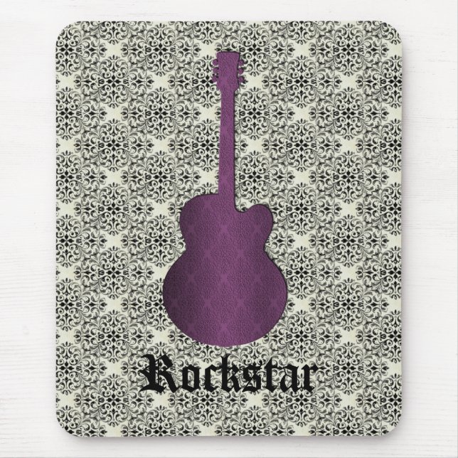 Rockstar Damask Guitar Mousepad, Violet Mouse Mat (Front)