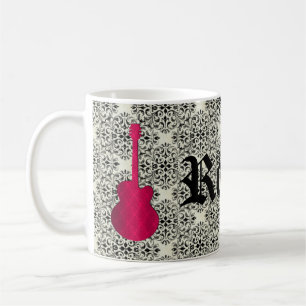 Rockstar Damask Guitar Mug, Magenta Coffee Mug