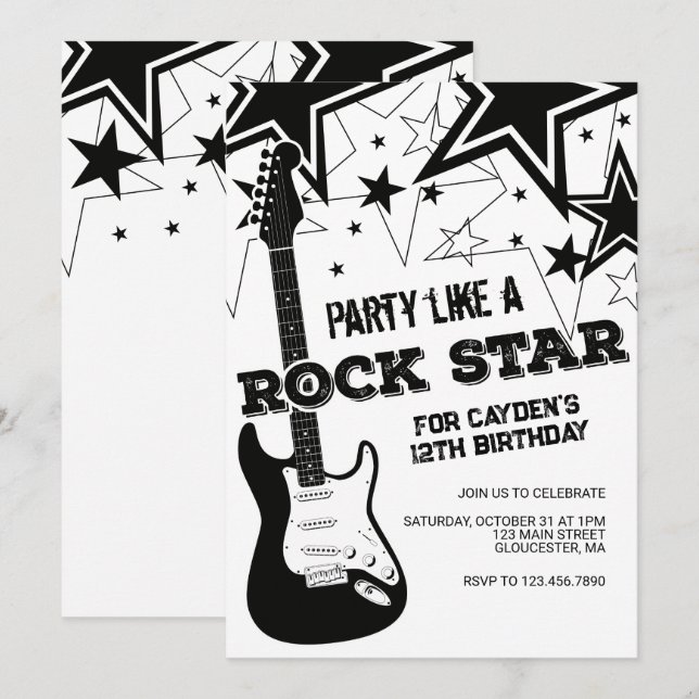 Rockstar guitar black and white birthday invitation (Front/Back)