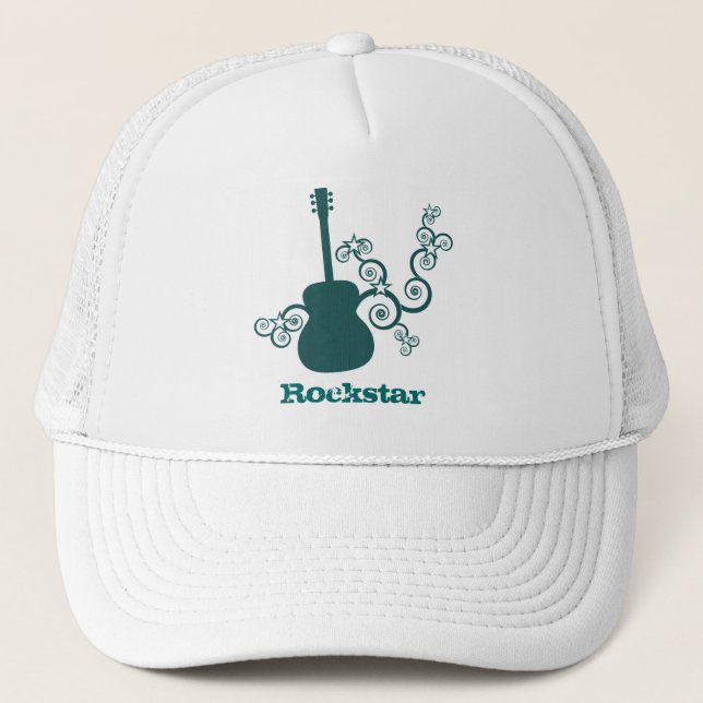 Rockstar Guitar Hat, Dark Teal Trucker Hat (Front)