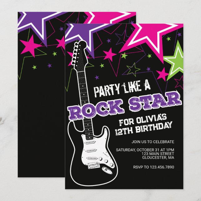 Rockstar Pink purple guitar birthday Invitation (Front/Back)