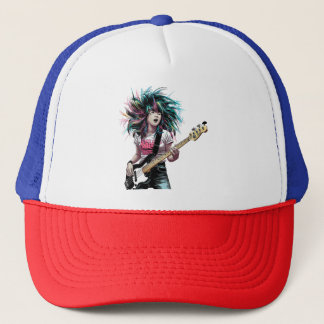 Rockstar Rhythm: Bass-Playing Asian Girl Trucker Hat