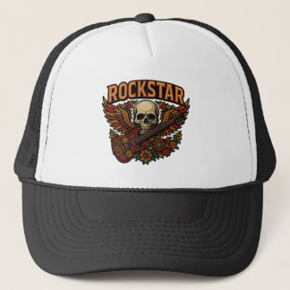 Rockstar Skull Guitar Wings – Bold Floral Embroide Trucker Hat