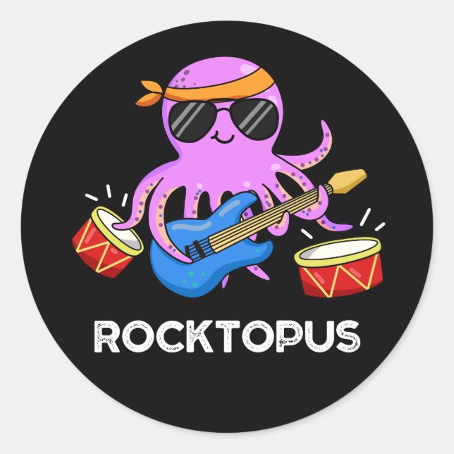 Rocktopus Funny Rock Band Octopus Pun Dark BG Classic Round Sticker (Front)