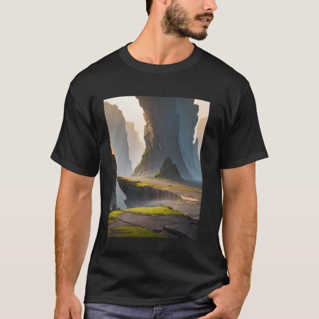 Rocky Area Cliff Moss Mist Shadow Valley T-Shirt (Front)