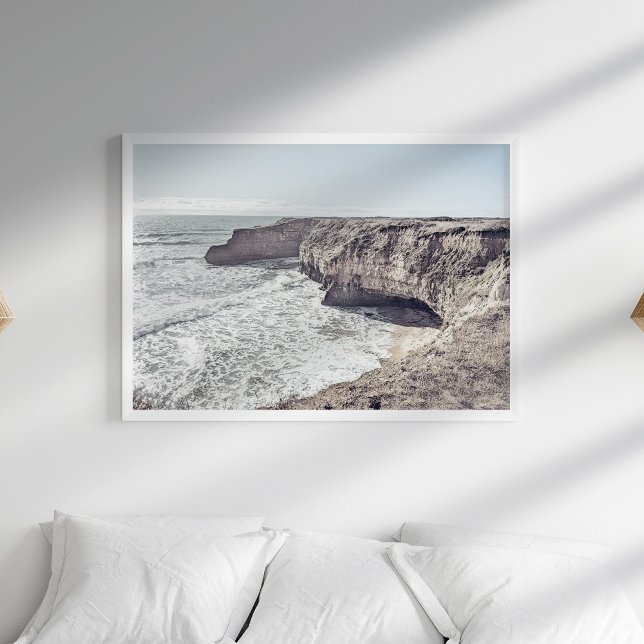 Rocky Beach Ocean Shore Poster (Rocky Beach Ocean Shore Poster in a boho white bedroom with pillows.)