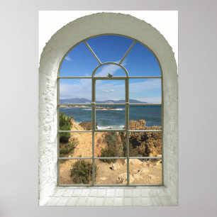 Rocky Beach Ocean View Curved Fake Window Poster