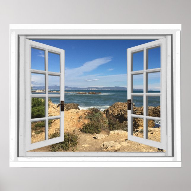 Rocky Beach Ocean View Fake Window Poster (Front)