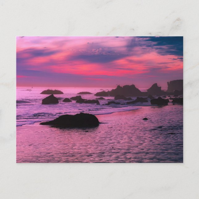 Rocky Beach with pink and purple sunset Post Card (Front)