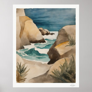 Rocky Cove Watercolor Art Print, Turquoise Pool Poster