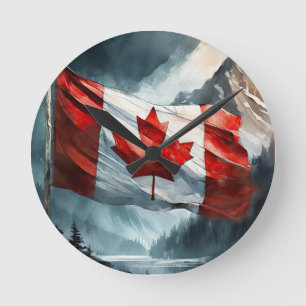 Rocky Mountain Canadian Flag in Watercolor Round Clock