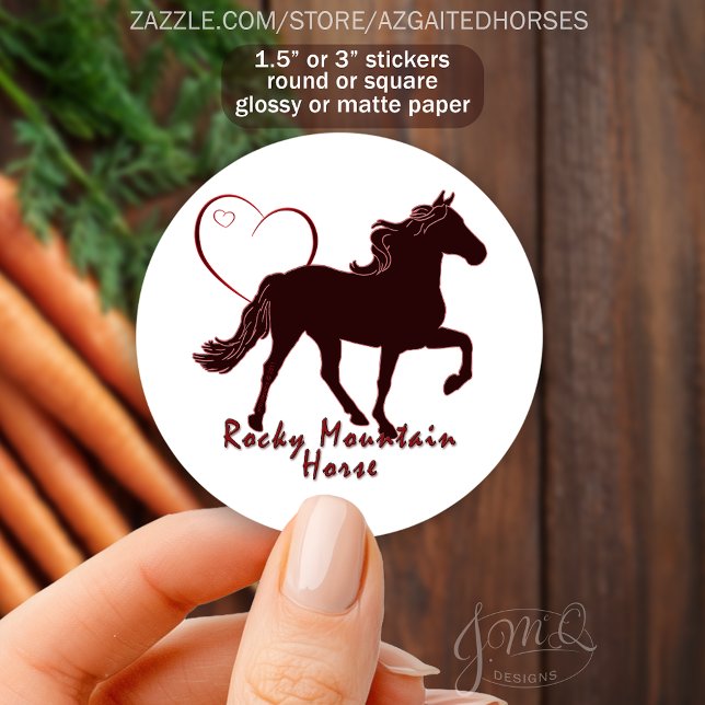 Rocky Mountain Horse Silhouette Heart Equestrian Classic Round Sticker (Sticker design with silhouette of Rocky Mountain Horse, heart outline, text reading Rocky Mountain.)