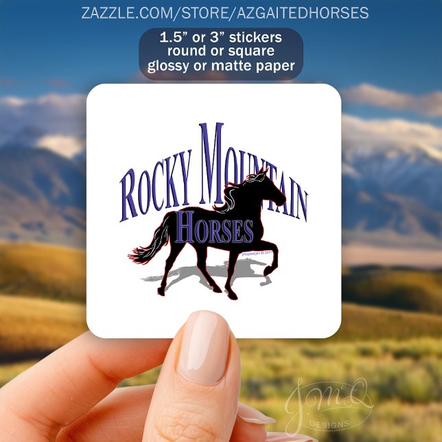 Rocky Mountain Horses Silhouette Bold Text Square Sticker (Sticker with black Rocky Mountain Horse silhouette and bold purple text “Rocky Mountain Horses.")