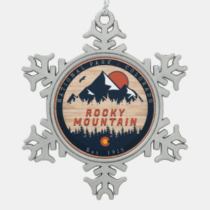 Rocky Mountain National Park Wood Vintage Sunset Snowflake Pewter Christmas Ornament