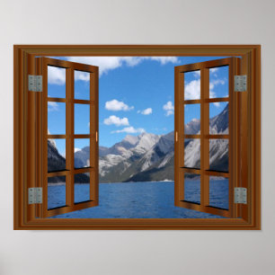 Rocky Mountain Peaceful Lake Faux Fake Window View Poster