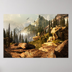 Rocky Mountain scene with bald eagle soaring in th Poster
