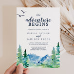 Rocky Mountain The Adventure Begins Wedding Invitation<br><div class="desc">This Rocky Mountain the adventure begins wedding invitation is perfect for an outdoor wedding. The design features a blue and green painted wilderness landscape with watercolor pine trees,  birds and mountains.</div>