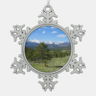 Rocky Mountain View Scenic Landscape Snowflake Pewter Christmas Ornament
