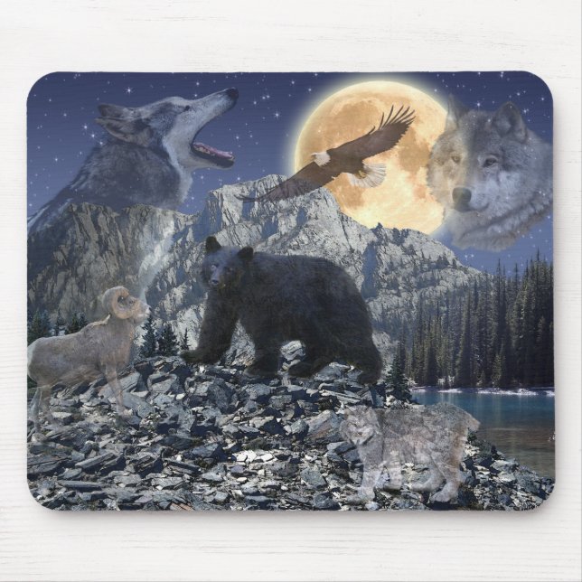 Rocky Mountain Wildlife Wolf, Bear, Eagle, Moon Mouse Mat (Front)