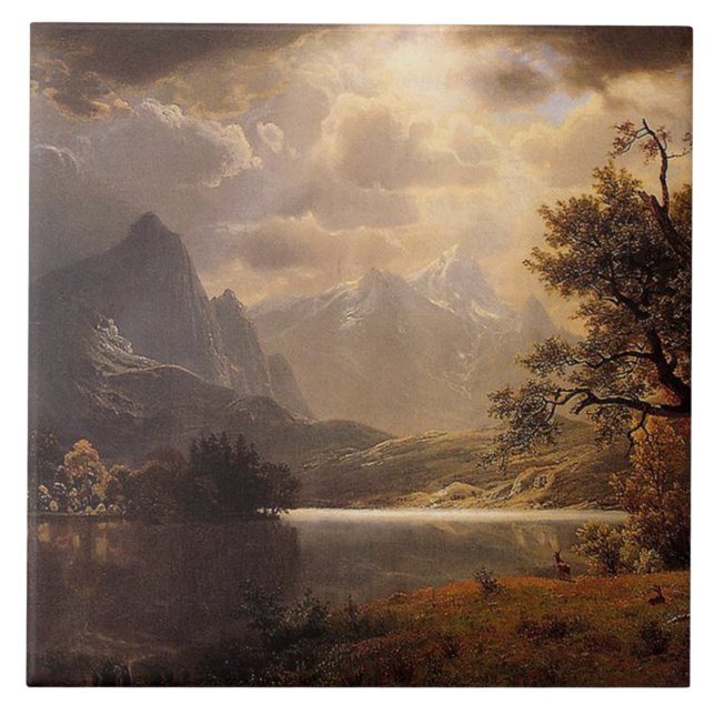 Rocky Mountains Lake Deer Wildlife Ceramic Tile (Front)