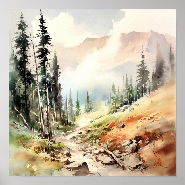 Rocky Mountains Painting Smoky Pine Forest Poster (Front)