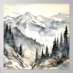 Rocky Mountains Painting Smoky Pine Forest Poster