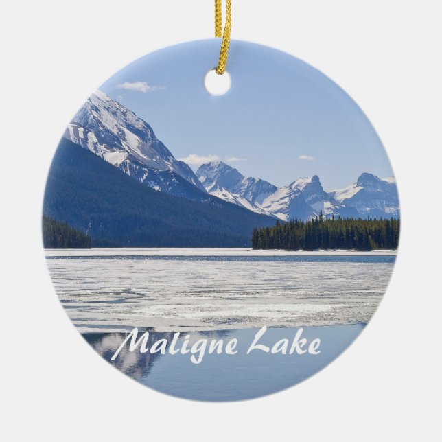 Rocky mountains reflecting in Maligne lake Ceramic Tree Decoration (Front)