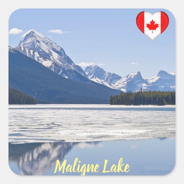 Rocky mountains reflecting in Maligne Lake Square Sticker (Front)