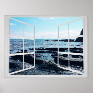 Rocky Ocean Coast with Window Frame Poster