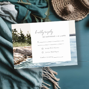 Rocky Pine Mountain Seascape Watercolor Wedding RSVP Card