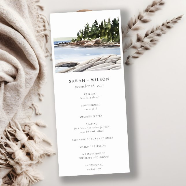 Rocky Pine Mountain Seascape Wedding Program Invitation (Creator Uploaded)