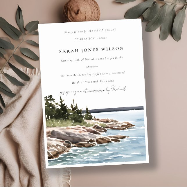 Rocky Pine Mountain Watercolor Seascape Birthday Invitation (Creator Uploaded)