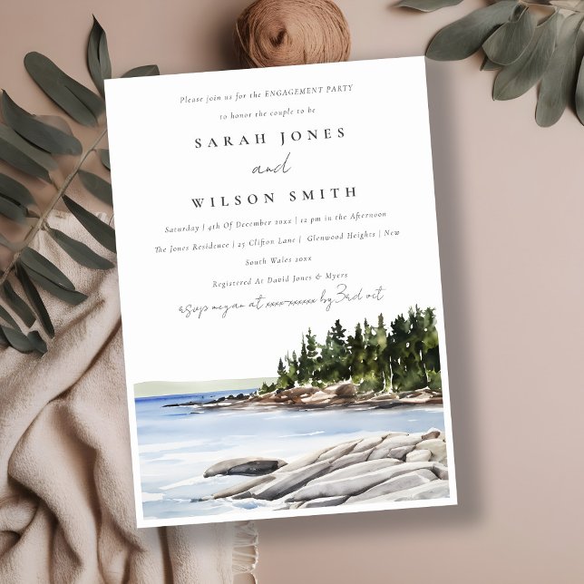 Rocky Pine Mountain Watercolor Seascape Engagement Invitation (Creator Uploaded)